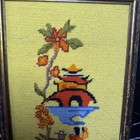 Vtg Chinoiserie Needlepoint Framed Wall Art Pagoda Geisha Mcm Chartreuse 10   x16   