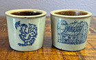 Set Of 2 Vintage Pottery Stoneware Miniature Crock Cup Blue Chicken Barn 1 5 