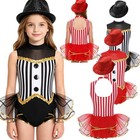 Us Girls Stripes Latin Dance Dress With Sequin Hat Figure Skating Tutu Dress 