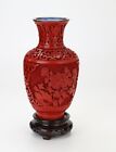 Vintage Chinese Cinnabar Red Lacquer Carved Vase Stunning Floral 5    Red Blue