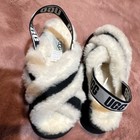 Ugg Women s Faux Fur Platform Slide Striped Slippers White Black Size 6