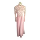 Vintage 70s Handmade Long Dress Pink Lace Bodice   Sleeves Retro Mod Xs Xxs