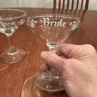 Vtg Bride And Groom White Lettered Wedding Champagne Toast Glasses Set