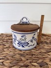 Germany Blue Onion Hanging Salt Box   Wooden Lid Farmhouse Blue   White Vintage