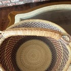 New Bolga Ghana Handmade Basket W  Leather Handles  Tan Purple Green  Woven
