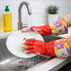 3 Pair Floral Dishwashing Gloves Latex Flock Lined Elbow Cuff Waterproo