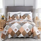  Floral Plaid Patchwork Quilt Set Size  Reversible Bedding Set Soft Queen Brown