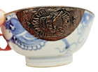 Antique Ming Dynasty Ceramic Blue White W Repousse Copper Footed Dragon Bowl