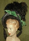 Antique 1880 s Victorian Hat  W Green Velvet Bows  Black Ostrich Plumes  Jewel