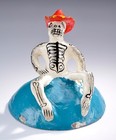 Vtg  Mexican Folk Art Day Of The Dead Skull Coconut Shell Hand Painted Sculpture