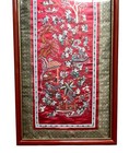 Vintage Asian Oriental Embroidered Red Silk Tapestry Wall Art  Framed  14x26   