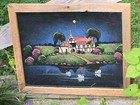 1960s Black Velvet Painting Swan Cottage Wood Framed Wall Hanging 22x18 Vintage