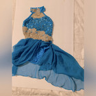 Glamour Dance Costume Aqua Blue Gold Lace Rhinestoned Leotard Embellished Mc