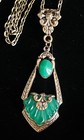Vintage Lavalier Necklace Art Deco Pendant W  Antique Green Czech Glass