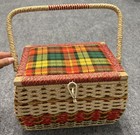 Vintage Singer Sewing Basket Plaid Pattern Wicker Woven Handle Box W  Sew Kit