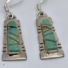 New  Signed Sterling Silver Handmade Rectangular Inlaid Earrings Green Turquoise