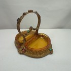 Vintage Czech Open Salt Cellar Amber Cut Glass  Brass  Colored Stones 5  X 4 