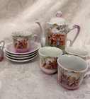 Vintage Germany Porcelain Child Tea Set Storybook Scenes Pink Gold Teapot Cups