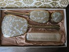 Vintage Gold Tone Finish Vanity Set Brush Mirror Comb Powder Jar In Original Box
