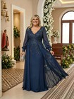 Plus Size Navy Mother Of The Bride Dress V Neck Long Sleeve Lace Chiffon Formal