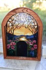 Vintage Stained Glass Window Panel Sun Catcher With Oak Frame