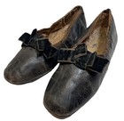 Antique 1830 Romantic Era Leather Child Shoes Velvet Bows Leather Stacked Heel