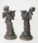 Gorgeous Vintage Bronze Winged Cherubs Playful Angels Candle Holder Pair