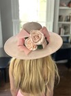 90s Frank Olive Private Collection Wide Brim Pink Straw Hat Flowers Derby Church