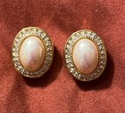 Vintage Hobe Dior Simulated Pearl Clear Rhinestone Oval Gold Tone Clip Earrings