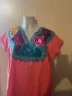 Mexican Hand Embroidered Top Blouse Large White Extra Large Flower