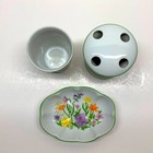 Bathroom Set 3 Floral Ceramic Vintage Soap Dish Toothbrush Holder Tumbler