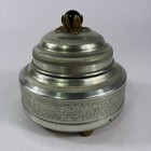 Vtg Silver Aluminum Round Vanity Powder Puff Music Trinket Box Flower Top Works
