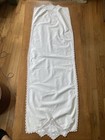 Vtg 1950s White Cotton Table Runner Hand Crocheted Pink Lace Trim Dresser Scarf