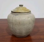 Whites  Utica  Lidded Salt Glaze Jar  Embossed Blue Horse Image  Antique   5 