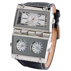 Oulm Men s Three Time Zones Watches Big Square Dial Leather Strap Wrist Watch