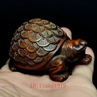 2 7 Inch Boxwood Hand Carved Coin Turtle Figure Statue Netsuke Old Collectable