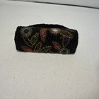 Vtg Beaded Lipstick Case Holder Floral Rhinestone Crystal Mirror Snap Black