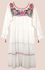 Mexican Floral Embroidery Dress Puebla Tunic Midi Dress Long Sleeve White M