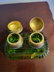 Antique  Emerald Green Heavy Glass Double Inkwell Hinged Brass Tops 4 l As Is