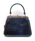 Vintage 1950s Teal Patent Vinyl Handbag Silver Tone Floral Embossed Frame