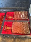 Vintage Amber Glass Decanter Set Portable Bar   Travel Liquor Set W  Wooden Case