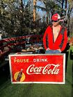 Vintage Lg 56x32 Metal Coca Cola Soda Pop Bottle Graphic Sign Coke