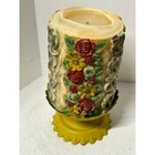 Vintage Sculpted Carved Candle With Metal Stand Mid Century Colorful Floral Rare