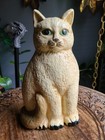 Vintage Heavy Cast Iron Cat Door Stop 9 5  Cream Black Paw Tips Green Eyes