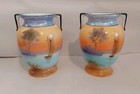 Pair Of Noritake Hand Painted Orange   Blue Porcelain 5 X 4 5 Signed Vases 