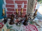 Antique French Signed Bronze Patina Spelter Cherub Bird Boudoir 2 Light Lamp Set