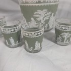 Jeannette Glass Hellenic Green Ice Bucket Shot Set Vintage Mcm Wedgwood Style