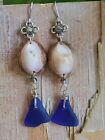 Sea Glass Long Earrings Aloha Hawaii Beach Casual Elegant Cobalt Blue Shells