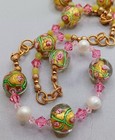 Vintage Lampwork Glass Necklace Foil Pink   Green Floral Pearls Gold Plate Brass
