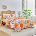3 Pieces Floral Patchwork Quilt Set Queen  Orange N White Flowers Design  Smooth